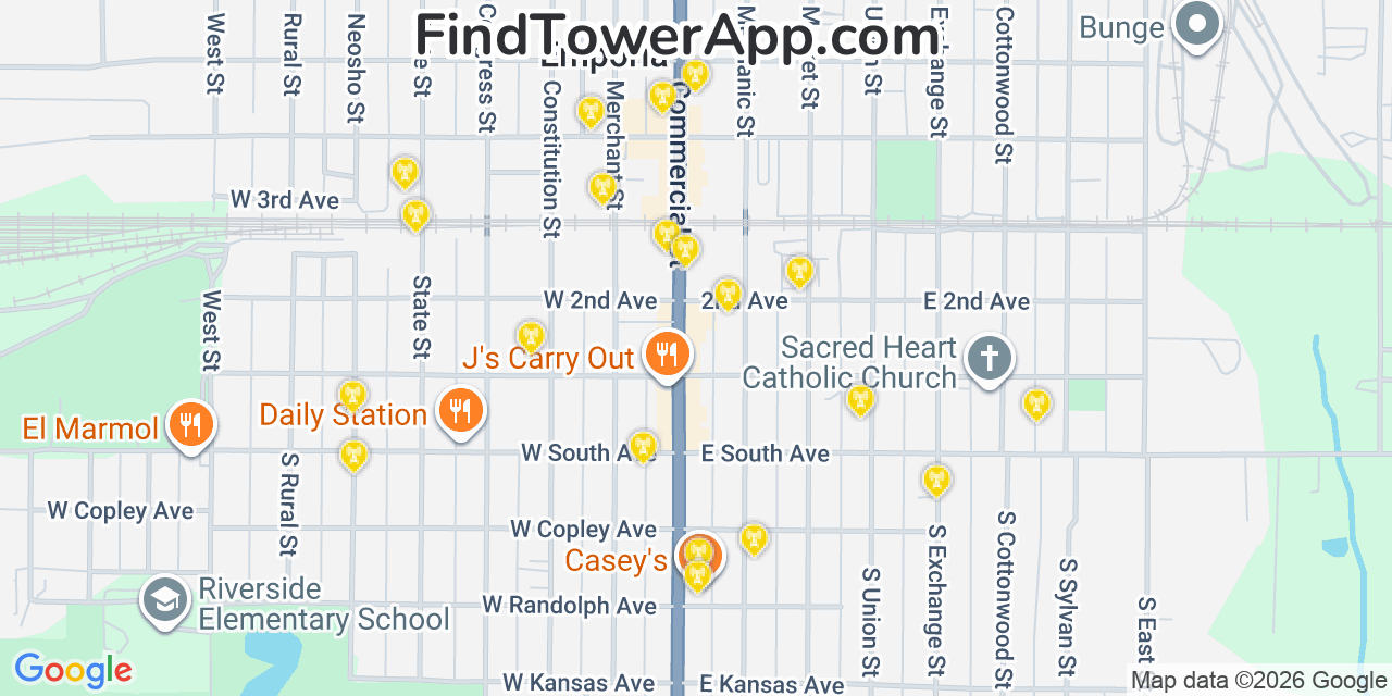 Map showing the 20 primary cell tower locations detected in Emporia, Kansas from AT&T, Verizon, and T-Mobile networks