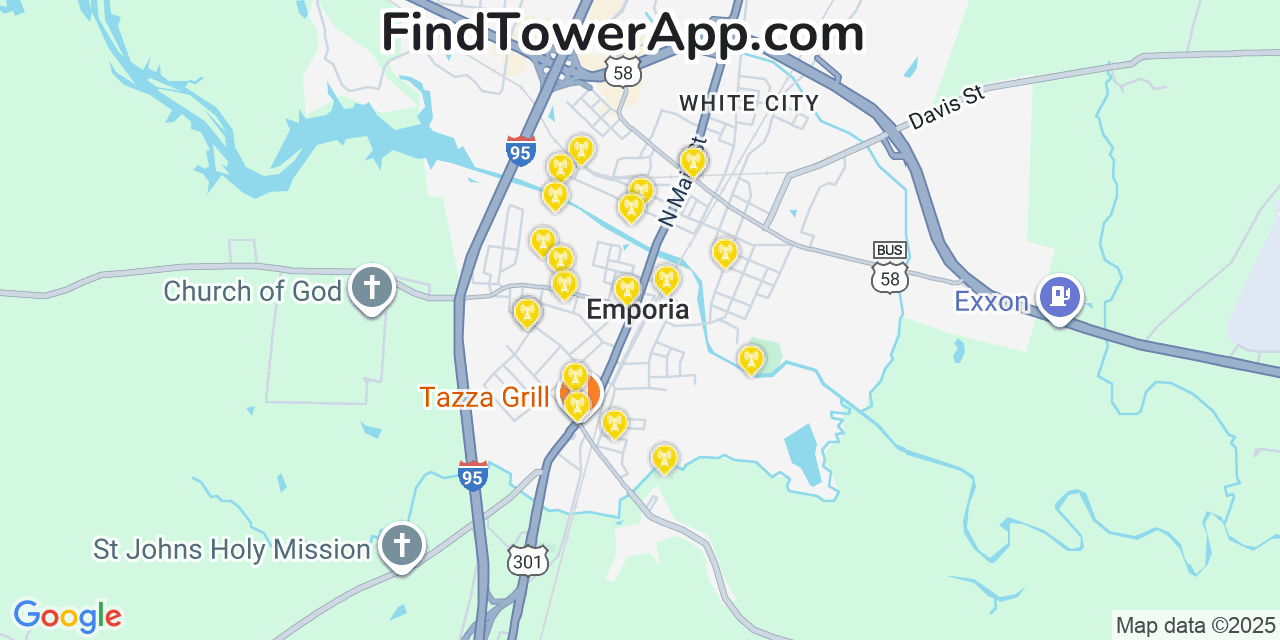 Map showing the 20 primary cell tower locations detected in Emporia, Virginia from AT&T, Verizon, and T-Mobile networks