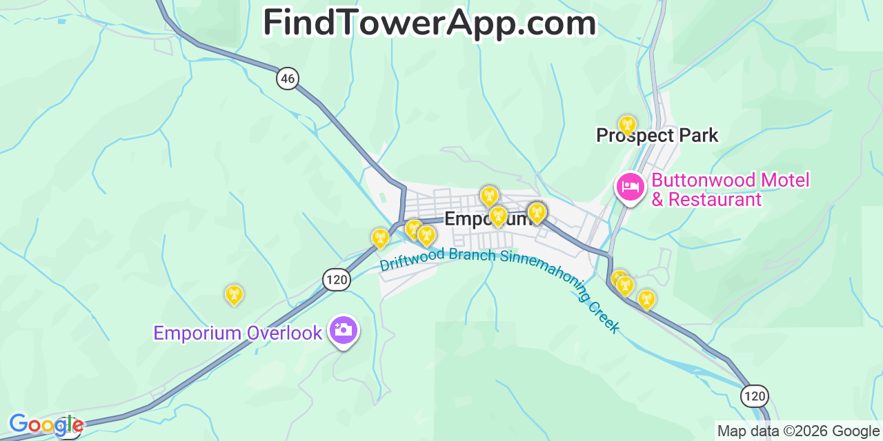 Map showing the 20 primary cell tower locations detected in Emporium, Pennsylvania from AT&T, Verizon, and T-Mobile networks