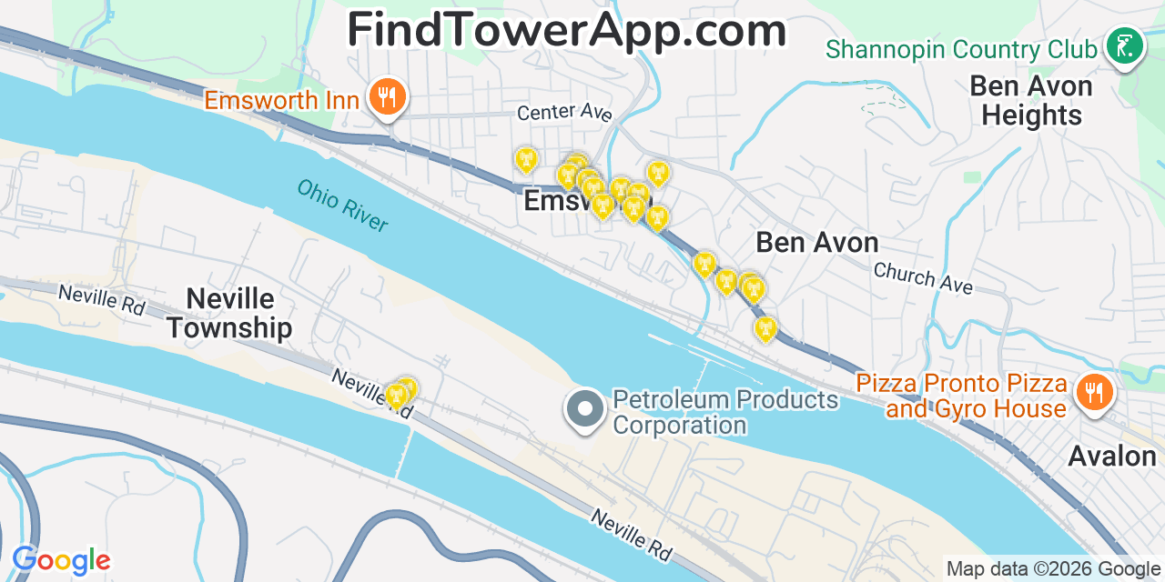Map showing the 20 primary cell tower locations detected in Emsworth, Pennsylvania from AT&T, Verizon, and T-Mobile networks