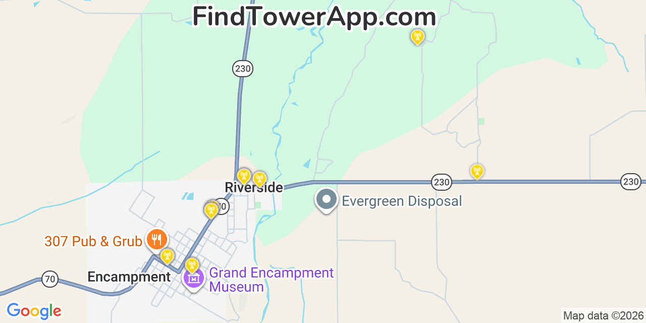 Map showing the 20 primary cell tower locations detected in Encampment, Wyoming from AT&T, Verizon, and T-Mobile networks