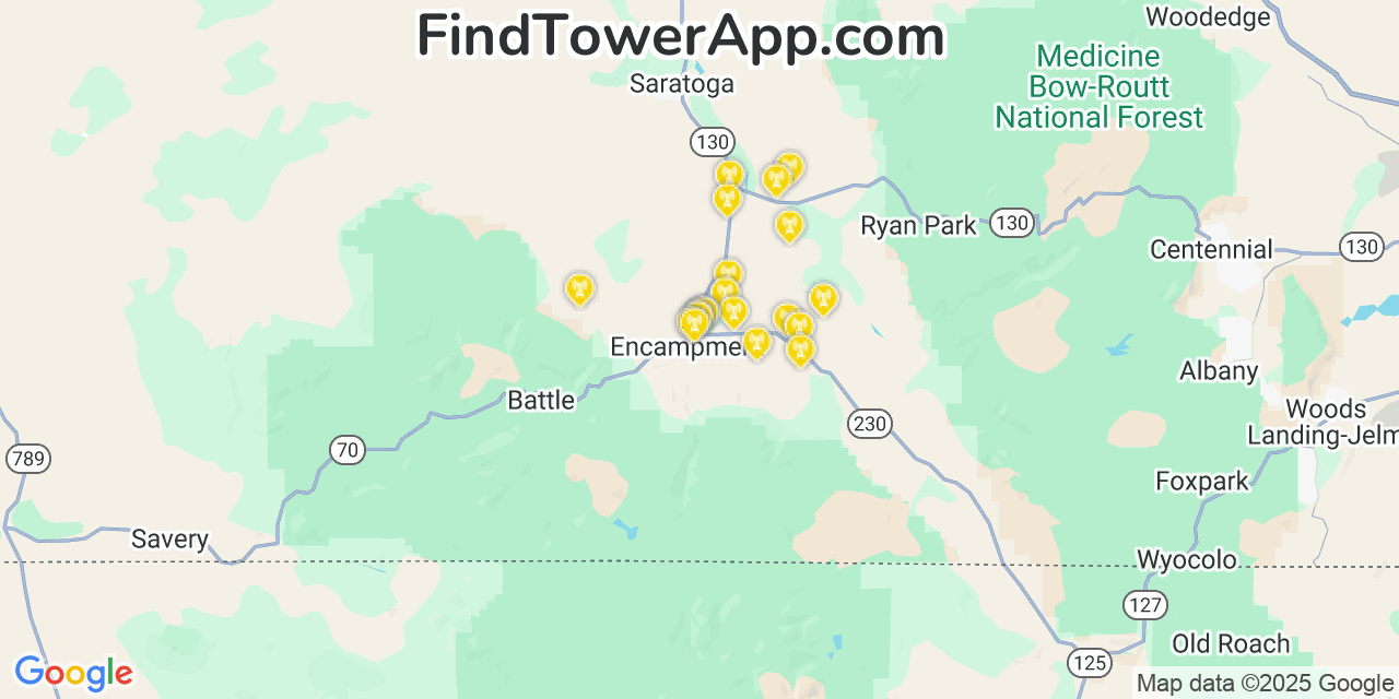 Map showing the 20 primary Verizon cell tower locations detected in Encampment, Wyoming with coverage radius and signal strength indicators
