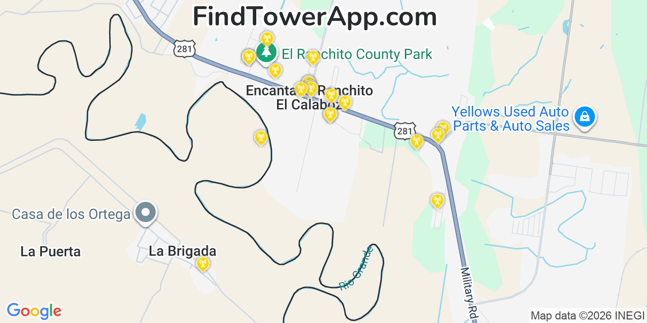 Map showing the 20 primary cell tower locations detected in Encantada Ranchito El Calaboz, Texas from AT&T, Verizon, and T-Mobile networks