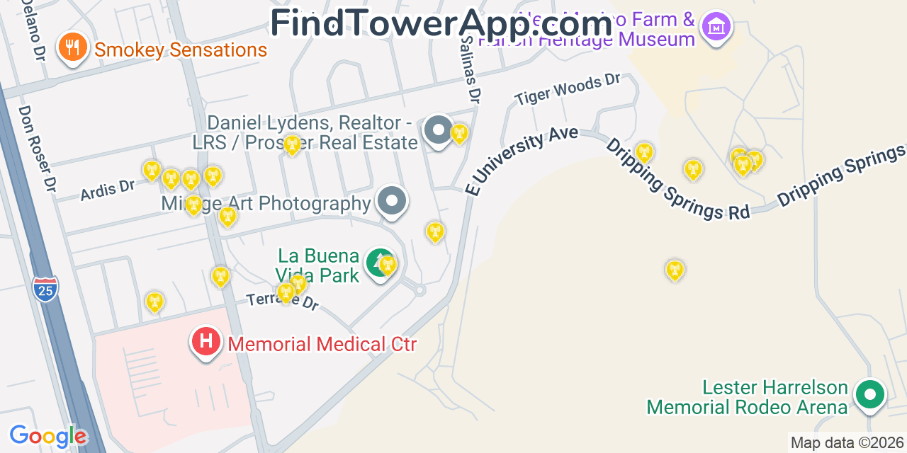 Map showing the 20 primary cell tower locations detected in Enchanted Hills, New Mexico from AT&T, Verizon, and T-Mobile networks