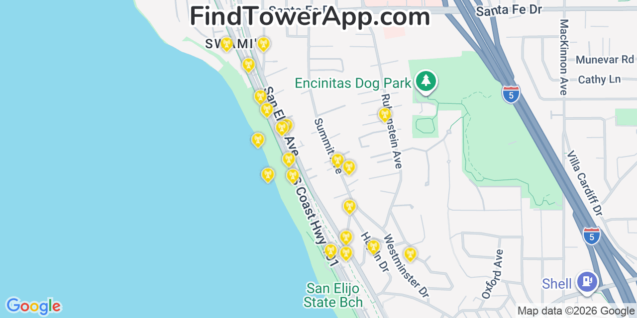 Map showing the 20 primary cell tower locations detected in Encinitas, California from AT&T, Verizon, and T-Mobile networks
