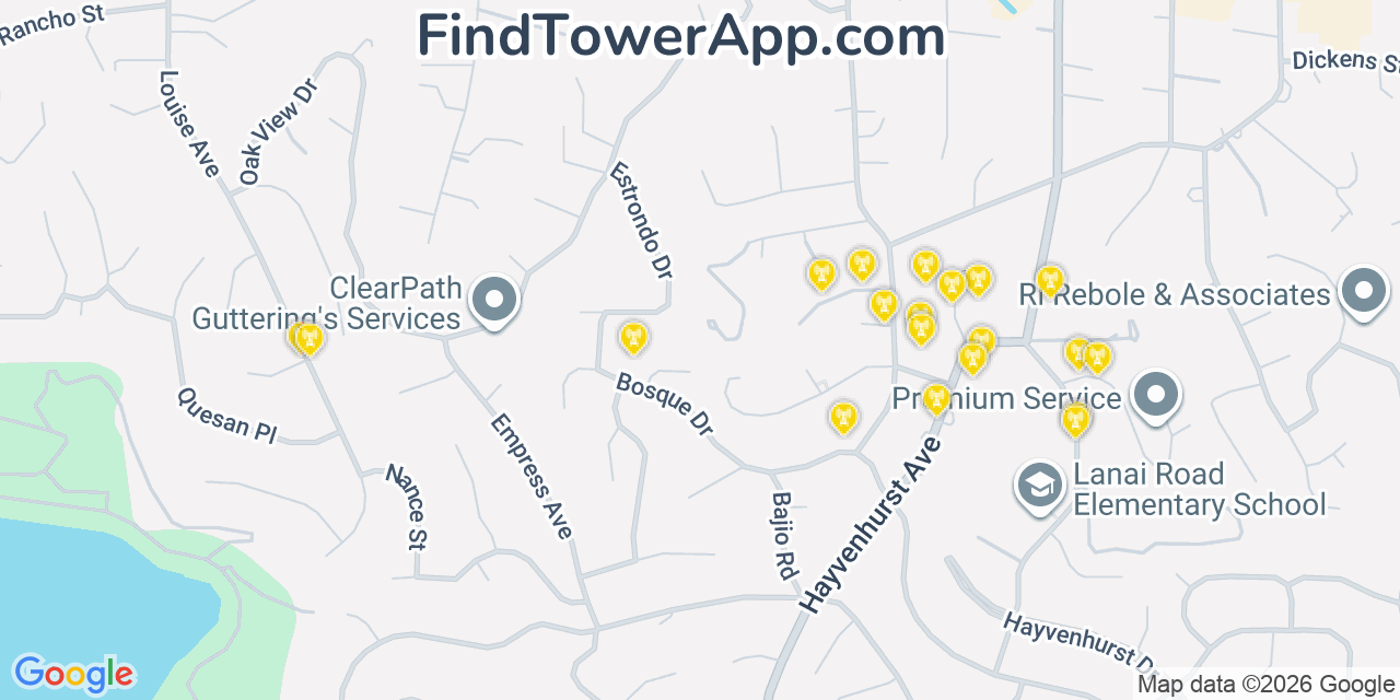 Map showing the 20 primary cell tower locations detected in Encino, California from AT&T, Verizon, and T-Mobile networks