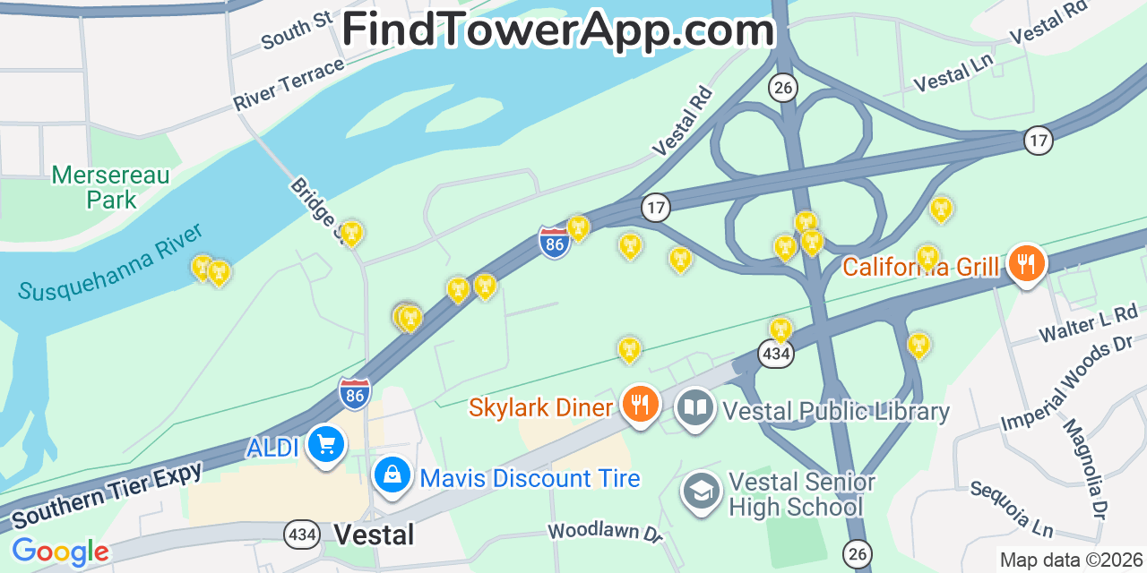 Map showing the 20 primary cell tower locations detected in Endicott, New York from AT&T, Verizon, and T-Mobile networks