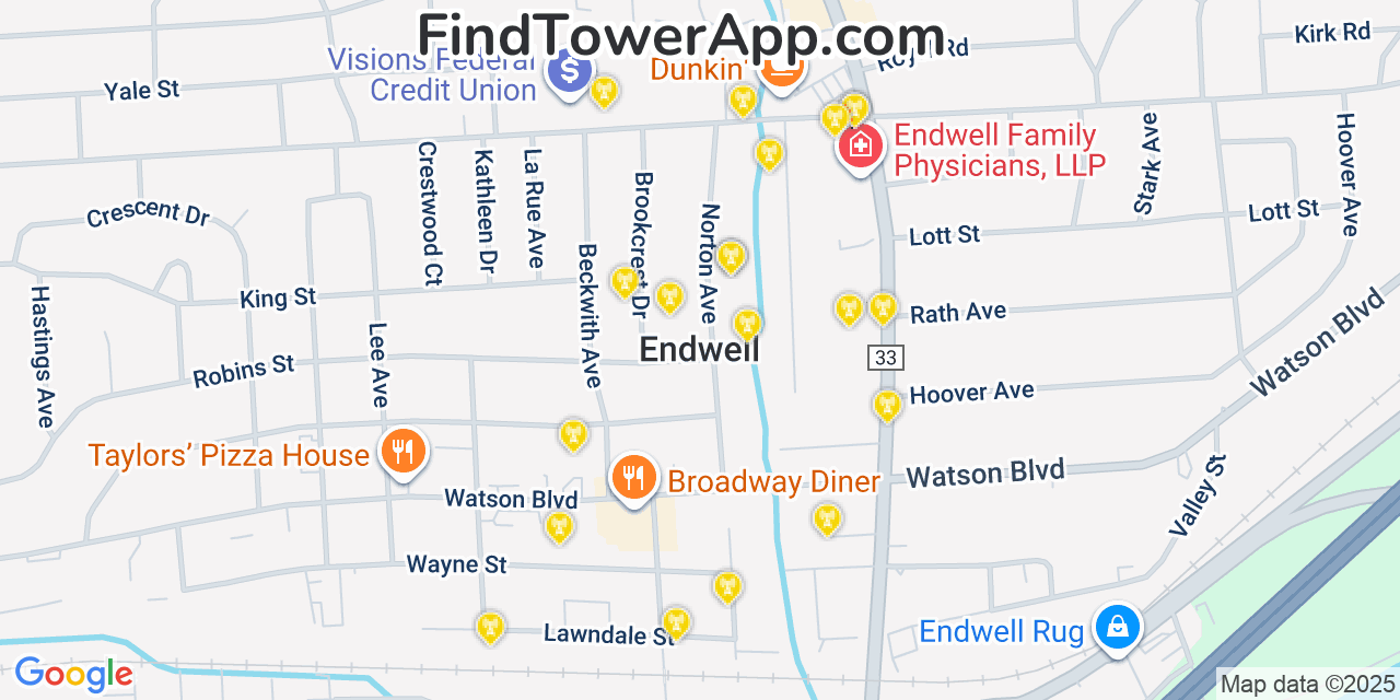 Map showing the 20 primary cell tower locations detected in Endwell, New York from AT&T, Verizon, and T-Mobile networks