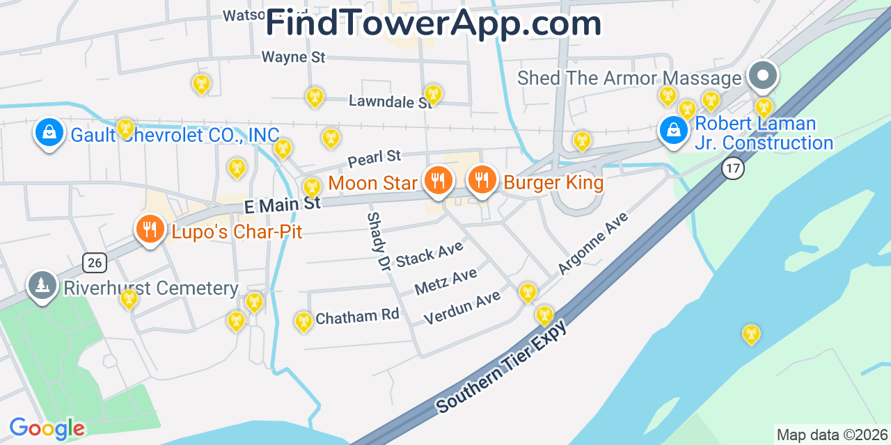 Map showing the 20 primary cell tower locations detected in Endwell, New York from AT&T, Verizon, and T-Mobile networks