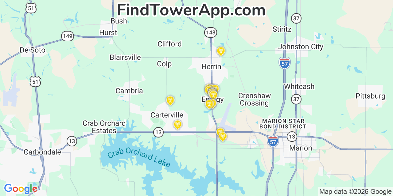 Map showing the 20 primary cell tower locations detected in Energy, Illinois from AT&T, Verizon, and T-Mobile networks