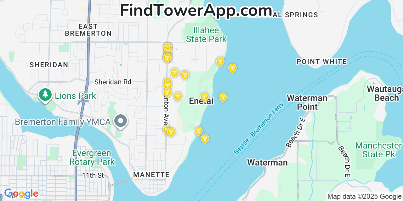 Map showing the 20 primary cell tower locations detected in Enetai, Washington from AT&T, Verizon, and T-Mobile networks