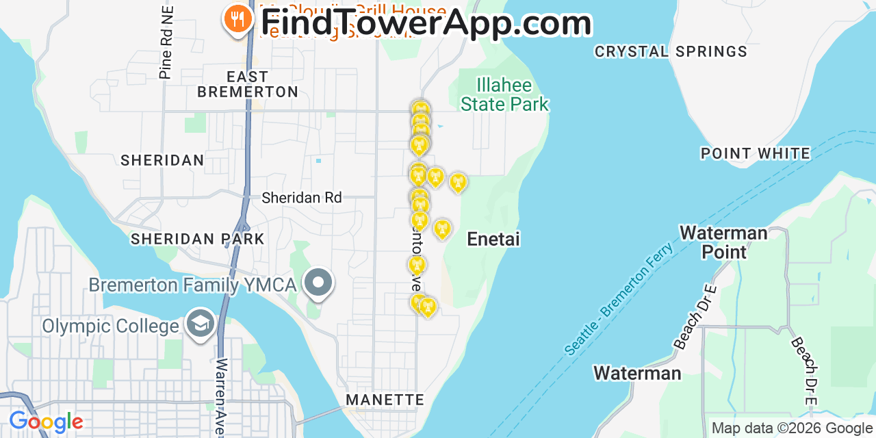 Map showing the 20 primary cell tower locations detected in Enetai, Washington from AT&T, Verizon, and T-Mobile networks