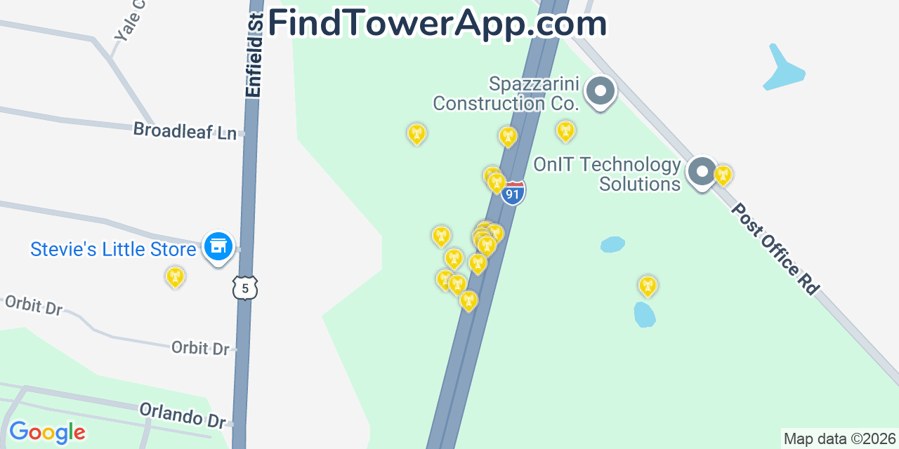 Map showing the 20 primary cell tower locations detected in Enfield, Connecticut from AT&T, Verizon, and T-Mobile networks