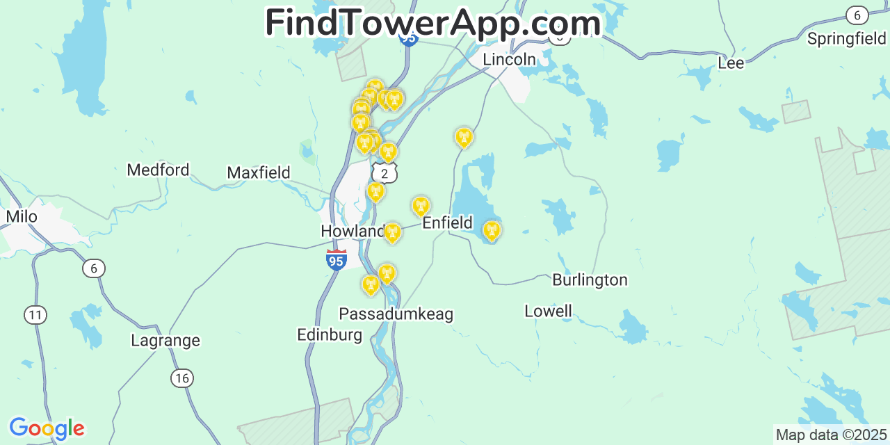 Map showing the 20 primary cell tower locations detected in Enfield, Maine from AT&T, Verizon, and T-Mobile networks