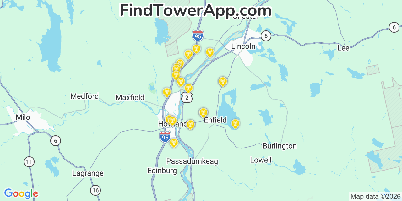 Map showing the 20 primary cell tower locations detected in Enfield, Maine from AT&T, Verizon, and T-Mobile networks