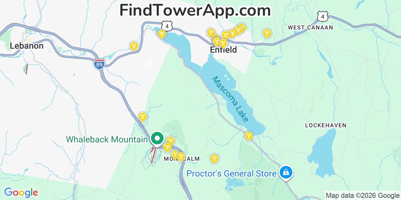 Map showing the 20 primary cell tower locations detected in Enfield, New Hampshire from AT&T, Verizon, and T-Mobile networks
