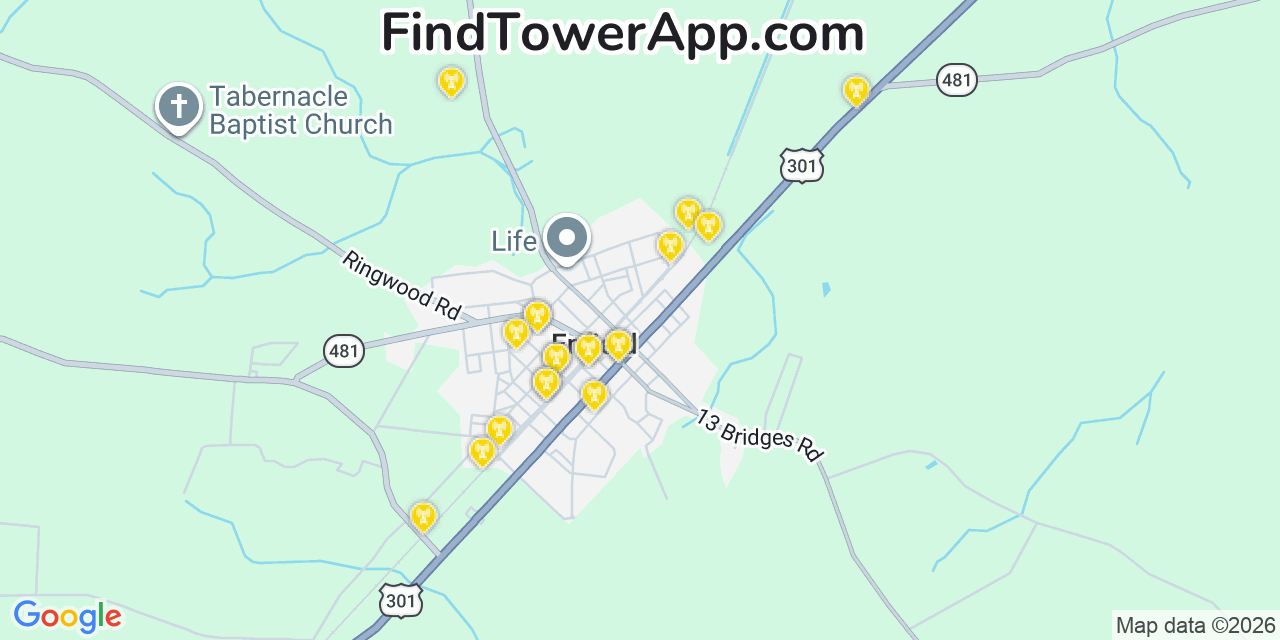 Map showing the 20 primary cell tower locations detected in Enfield, North Carolina from AT&T, Verizon, and T-Mobile networks
