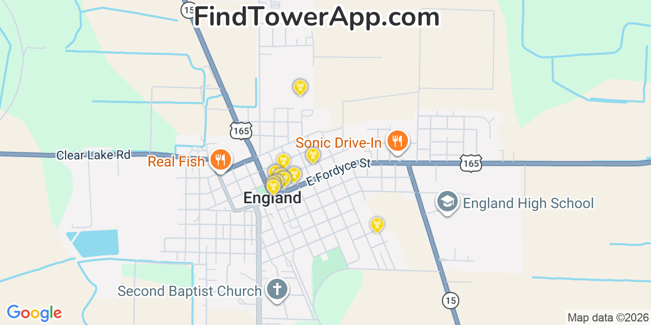 Map showing the 20 primary cell tower locations detected in England, Arkansas from AT&T, Verizon, and T-Mobile networks