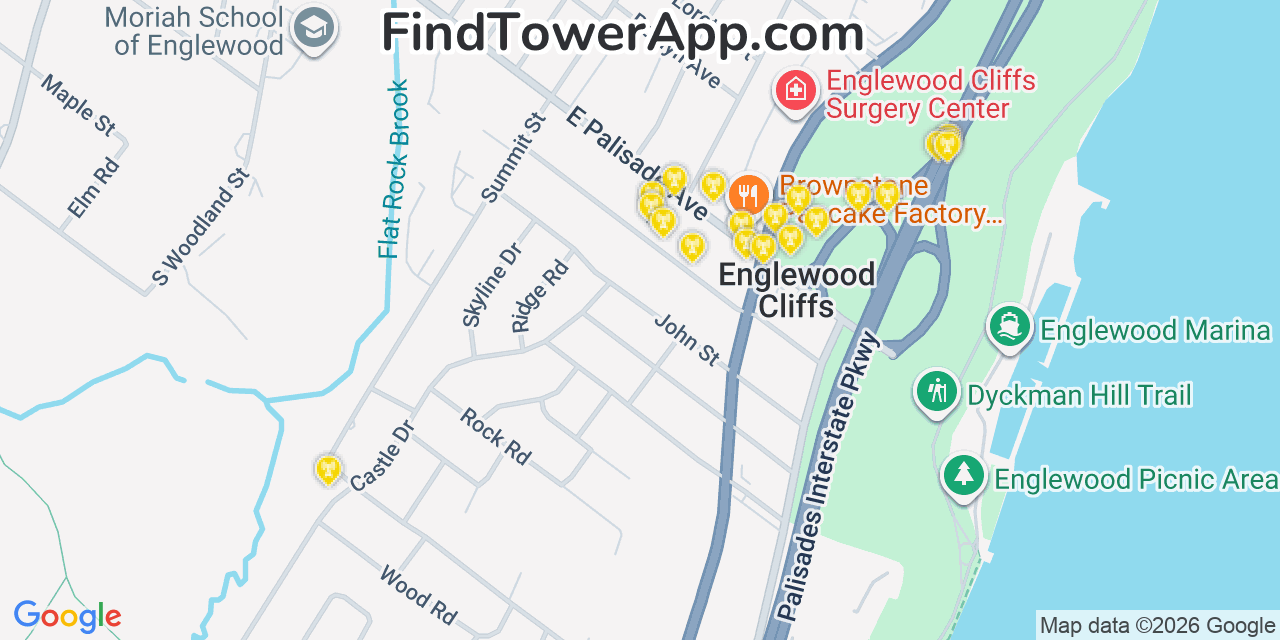 Map showing the 20 primary cell tower locations detected in Englewood Cliffs, New Jersey from AT&T, Verizon, and T-Mobile networks