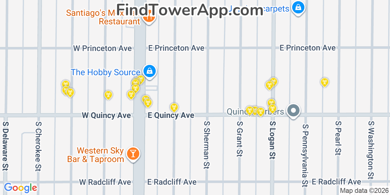 Map showing the 20 primary cell tower locations detected in Englewood, Colorado from AT&T, Verizon, and T-Mobile networks