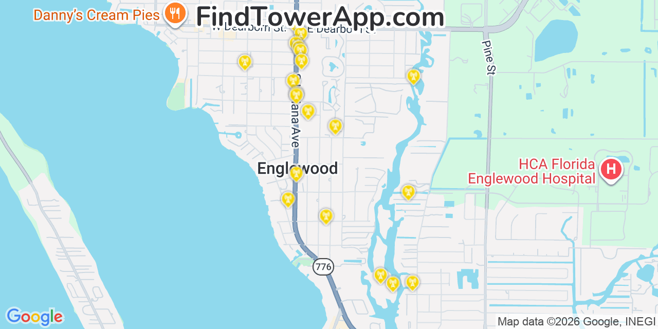 Map showing the 20 primary cell tower locations detected in Englewood, Florida from AT&T, Verizon, and T-Mobile networks