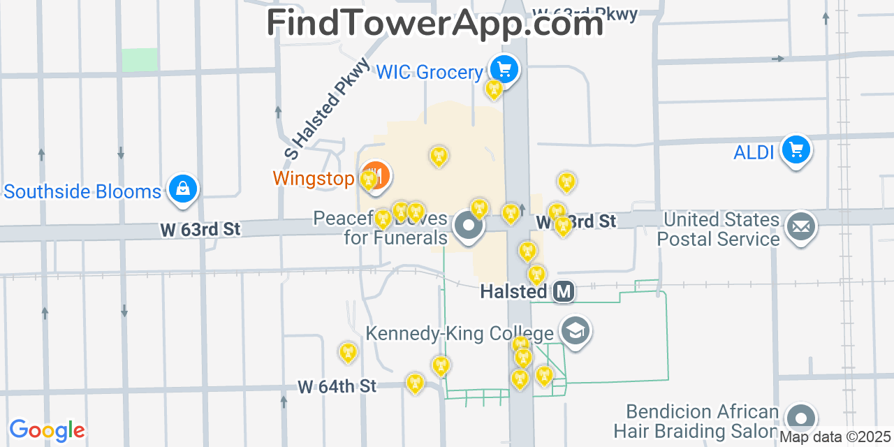 Map showing the 20 primary cell tower locations detected in Englewood, Illinois from AT&T, Verizon, and T-Mobile networks