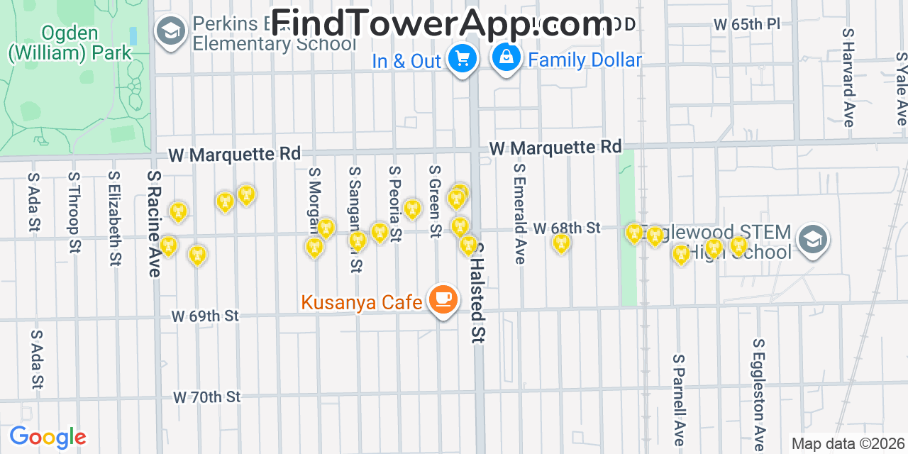 Map showing the 20 primary cell tower locations detected in Englewood, Illinois from AT&T, Verizon, and T-Mobile networks