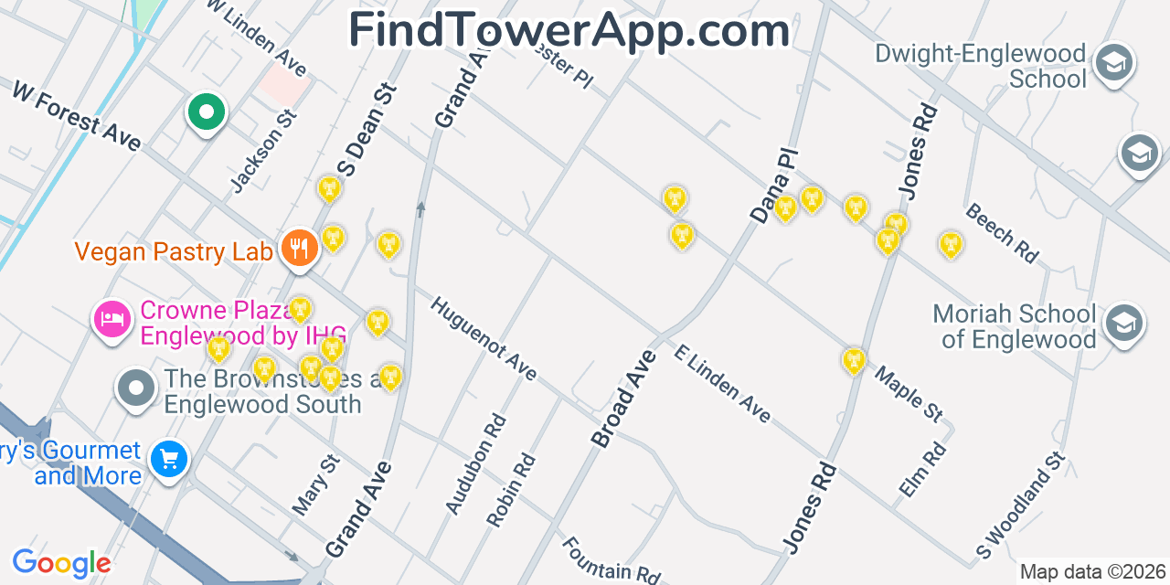 Map showing the 20 primary cell tower locations detected in Englewood, New Jersey from AT&T, Verizon, and T-Mobile networks