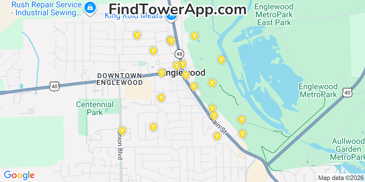Map showing the 20 primary cell tower locations detected in Englewood, Ohio from AT&T, Verizon, and T-Mobile networks