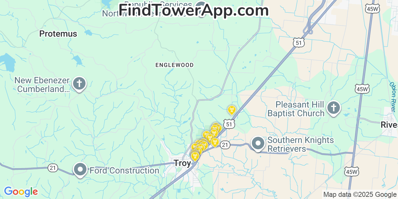 Map showing the 20 primary cell tower locations detected in Englewood, Tennessee from AT&T, Verizon, and T-Mobile networks