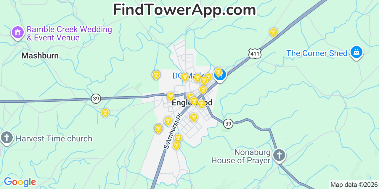 Map showing the 20 primary cell tower locations detected in Englewood, Tennessee from AT&T, Verizon, and T-Mobile networks