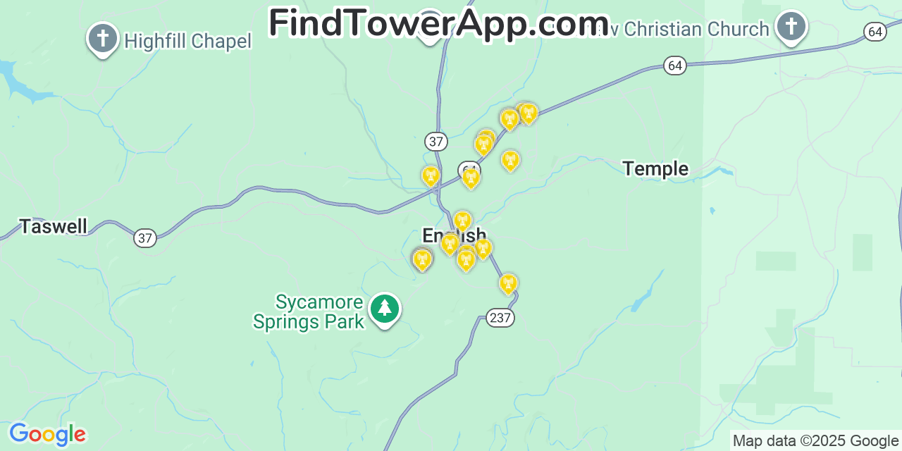 Map showing the 20 primary cell tower locations detected in English, Indiana from AT&T, Verizon, and T-Mobile networks