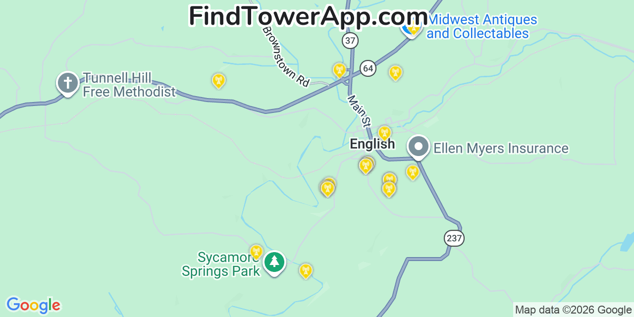 Map showing the 20 primary cell tower locations detected in English, Indiana from AT&T, Verizon, and T-Mobile networks