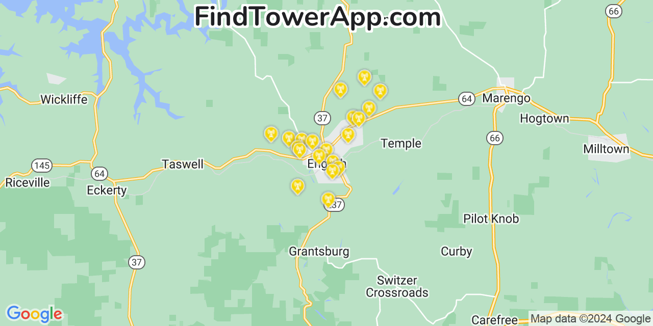 Verizon 4G/5G cell tower coverage map English, Indiana