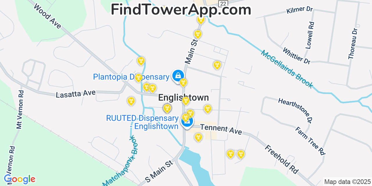 Map showing the 20 primary cell tower locations detected in Englishtown, New Jersey from AT&T, Verizon, and T-Mobile networks