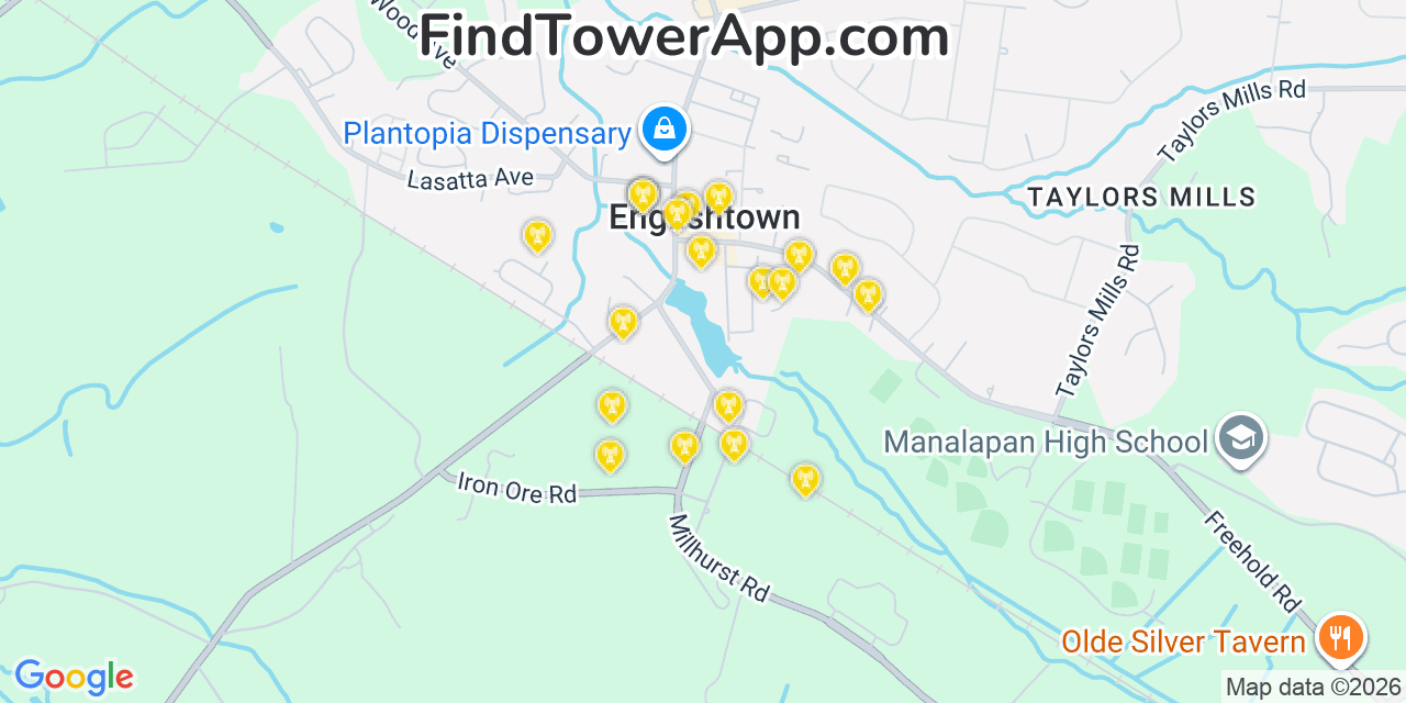 Map showing the 20 primary cell tower locations detected in Englishtown, New Jersey from AT&T, Verizon, and T-Mobile networks