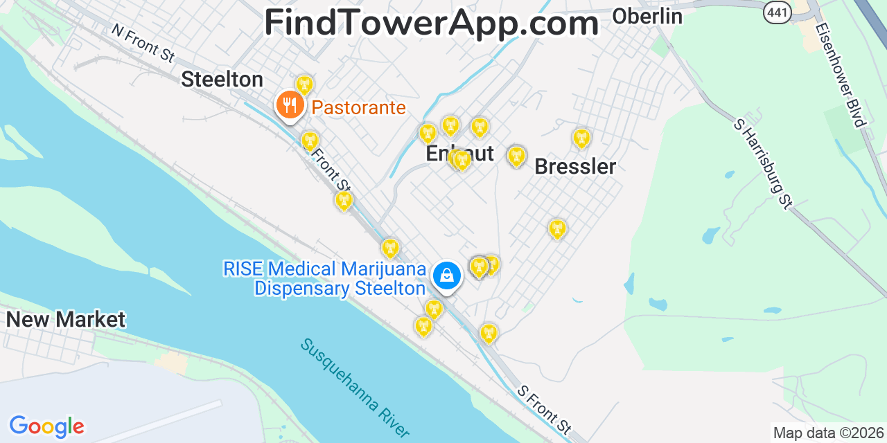 Map showing the 20 primary cell tower locations detected in Enhaut, Pennsylvania from AT&T, Verizon, and T-Mobile networks
