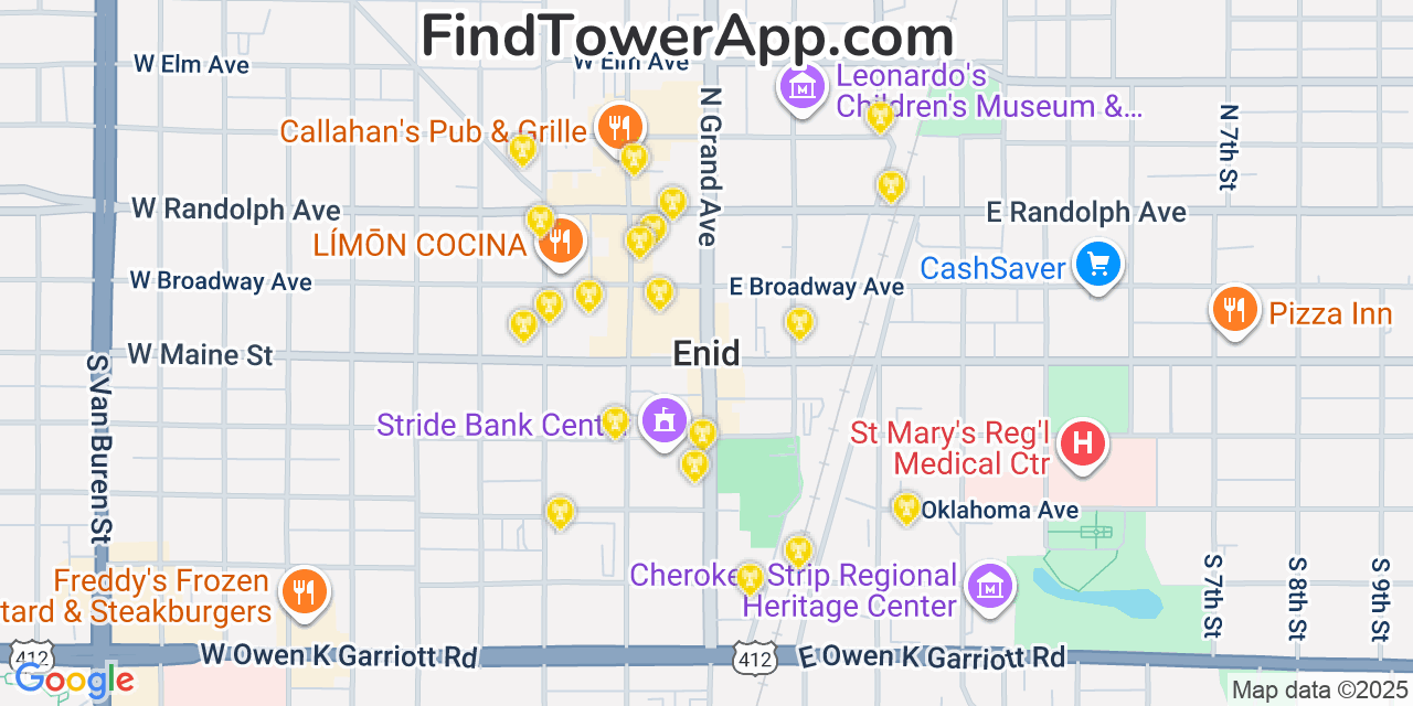 Map showing the 20 primary cell tower locations detected in Enid, Oklahoma from AT&T, Verizon, and T-Mobile networks