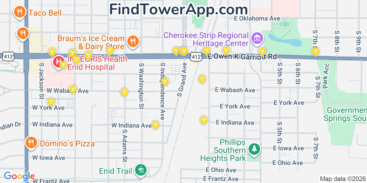 Map showing the 20 primary cell tower locations detected in Enid, Oklahoma from AT&T, Verizon, and T-Mobile networks