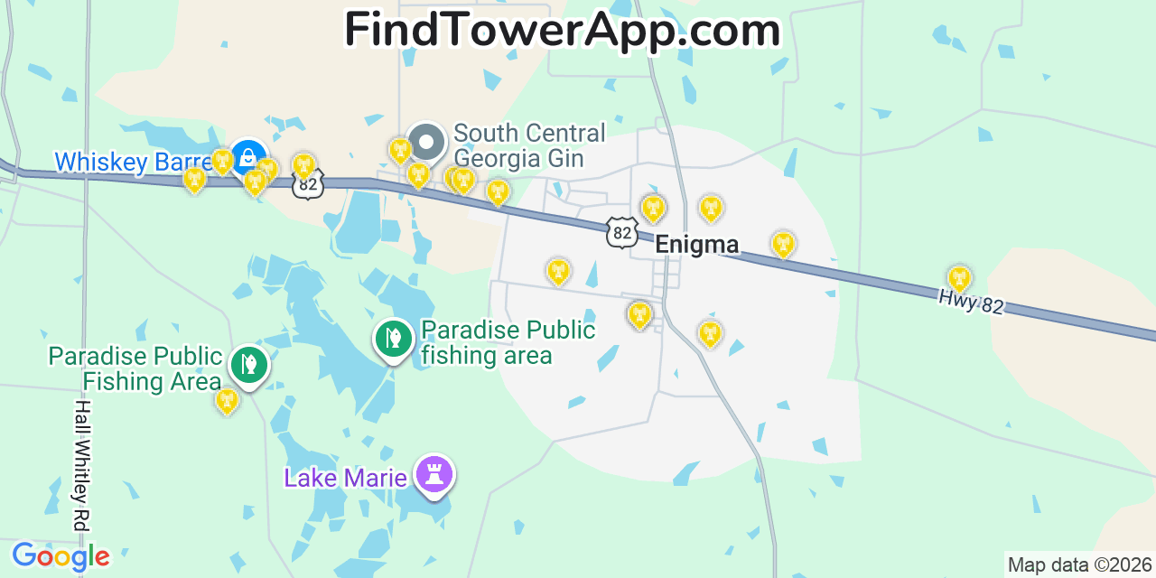 Map showing the 20 primary cell tower locations detected in Enigma, Georgia from AT&T, Verizon, and T-Mobile networks
