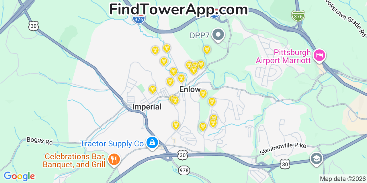 Map showing the 20 primary cell tower locations detected in Enlow, Pennsylvania from AT&T, Verizon, and T-Mobile networks