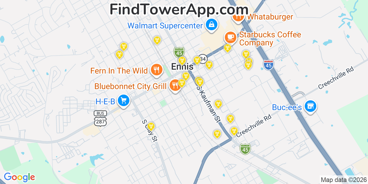 Map showing the 20 primary cell tower locations detected in Ennis, Texas from AT&T, Verizon, and T-Mobile networks