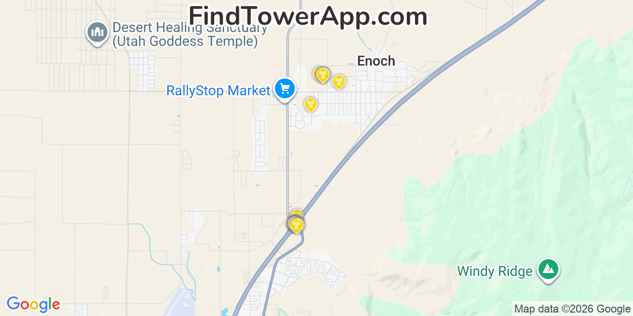 Map showing the 20 primary cell tower locations detected in Enoch, Utah from AT&T, Verizon, and T-Mobile networks