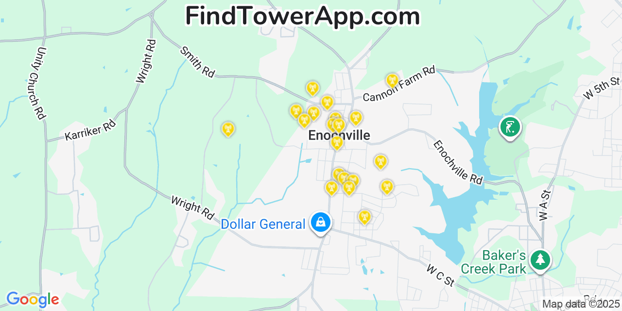 Map showing the 20 primary cell tower locations detected in Enochville, North Carolina from AT&T, Verizon, and T-Mobile networks