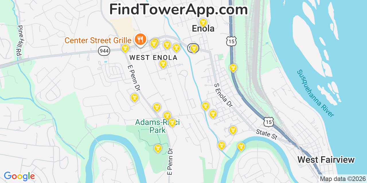 Map showing the 20 primary cell tower locations detected in Enola, Pennsylvania from AT&T, Verizon, and T-Mobile networks