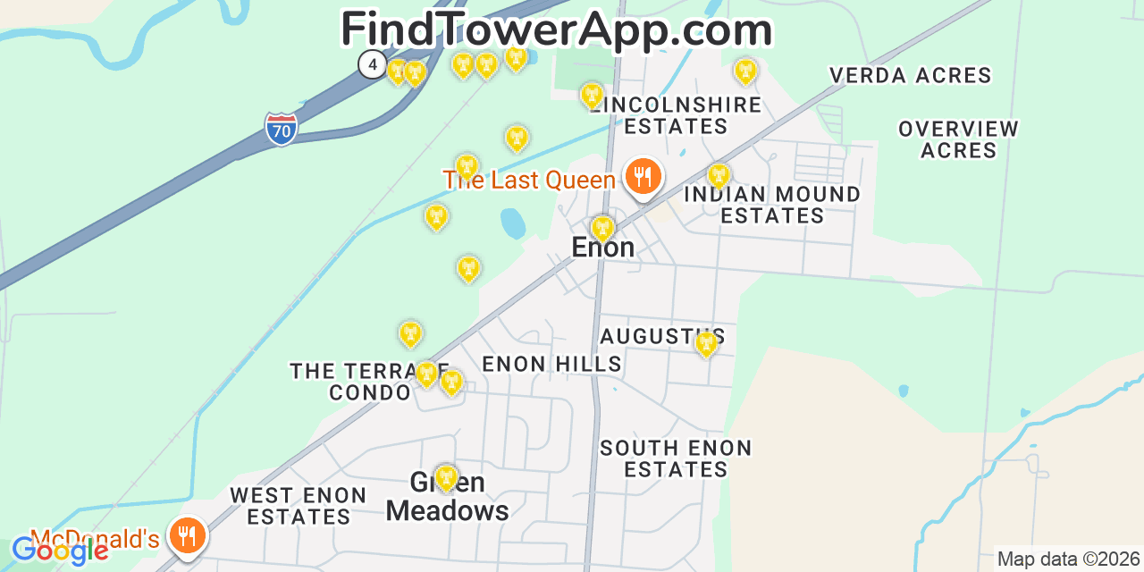 Map showing the 20 primary cell tower locations detected in Enon, Ohio from AT&T, Verizon, and T-Mobile networks