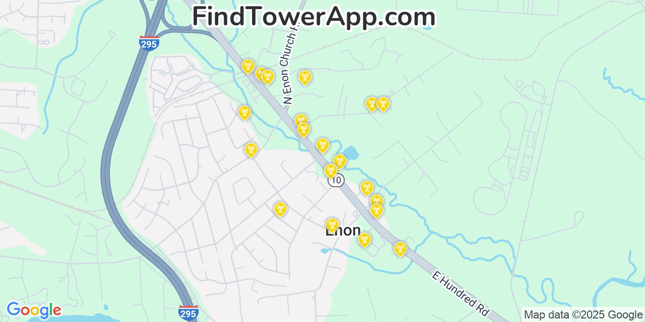 Map showing the 20 primary cell tower locations detected in Enon, Virginia from AT&T, Verizon, and T-Mobile networks