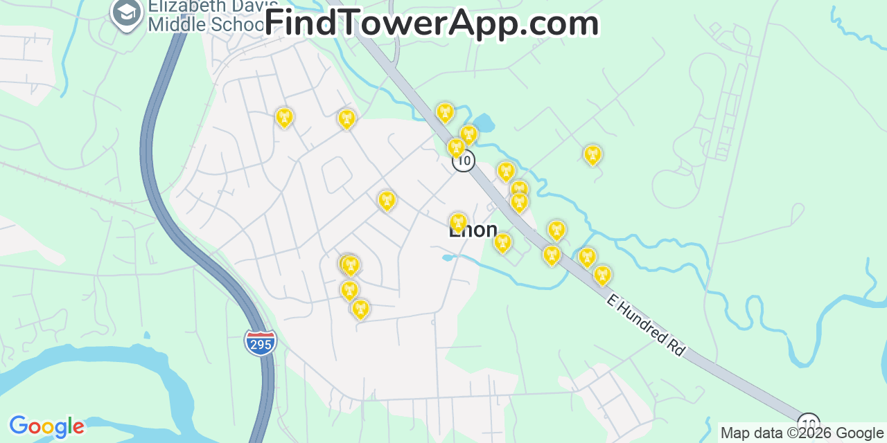 Map showing the 20 primary cell tower locations detected in Enon, Virginia from AT&T, Verizon, and T-Mobile networks