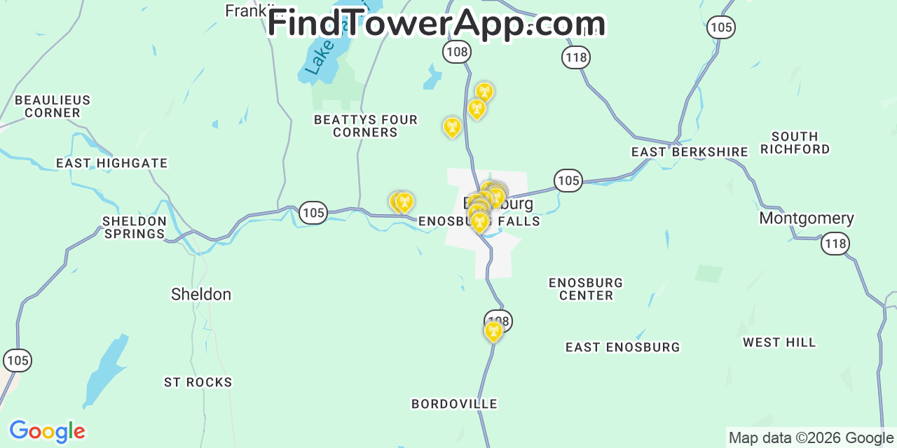 Map showing the 20 primary cell tower locations detected in Enosburg Falls, Vermont from AT&T, Verizon, and T-Mobile networks