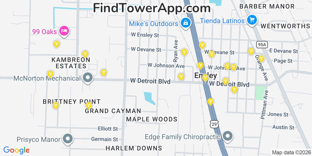 Map showing the 20 primary cell tower locations detected in Ensley, Florida from AT&T, Verizon, and T-Mobile networks